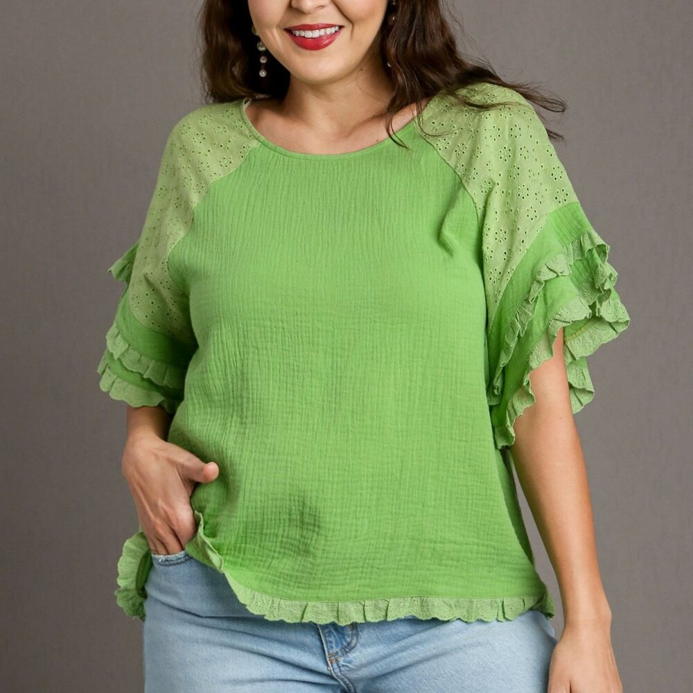 NEW Umgee Melon Gauze Boxy Top With Eyelet Ruffle Detail Sleeves Plus